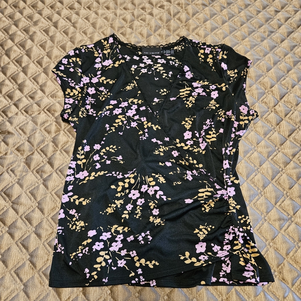 Floral Black Blouse with Pink and Gold Accents